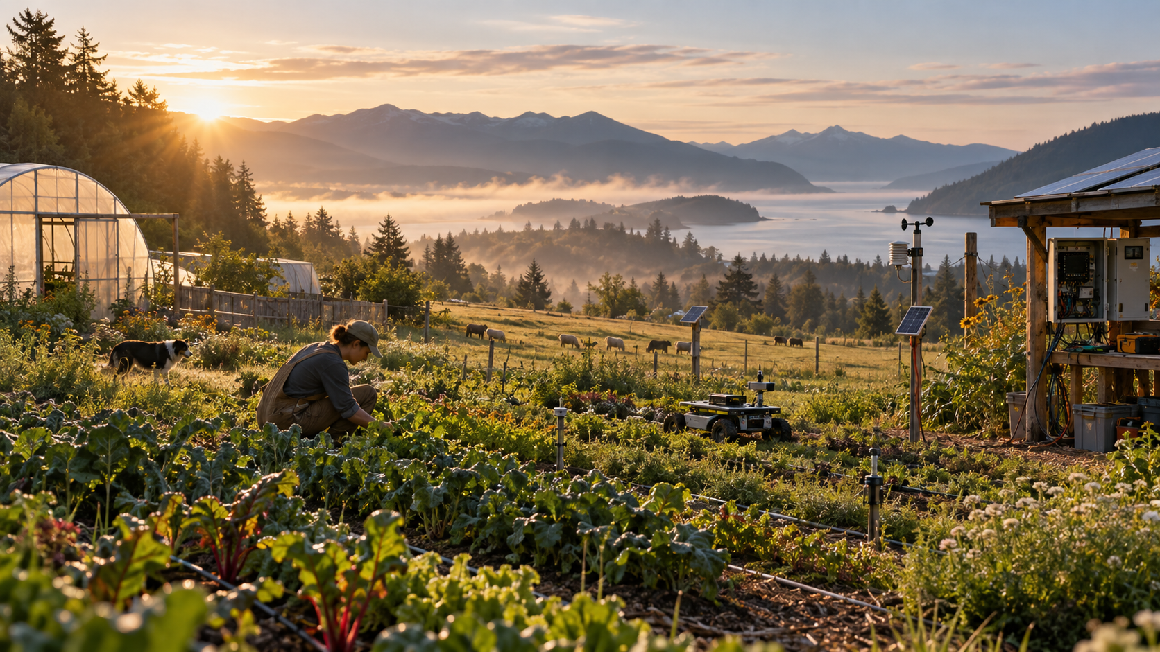 A hillside farm at sunset, with a farmer, dog, greenhouse, sheep, agricultural robot, solar-powered equipment, and mountains beyond.